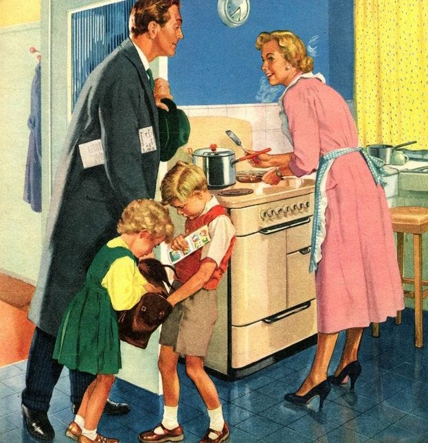 Ilustração vintage de uma mulher cozinhando enquanto o marido chega do trabalho e as crianças interagem na cozinha. Elídio Almeida, psicólogo em Salvador, alerta sobre as consequências do modelo tradwife na terapia de casal.